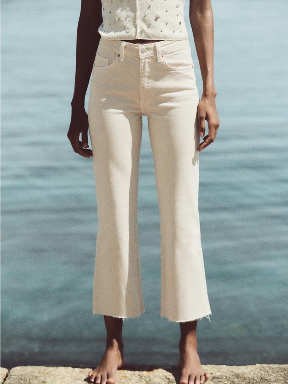 zara cropped flare ankle high rise ecru beige jeans pants denim crop